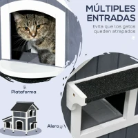 PawHut Caseta de Madera de Exterior para Gatos Casa para Gatos Refugio para Gatos de 2 Niveles 96x65x85,5 cm Gris(m-4)