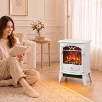 HOMCOM Freestanding Portable Fireplace, Electric Fireplace Stove Heater with 3D Flame Effect and Adjustable Thermostat, White(m-14)