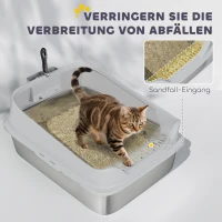 PawHut Roestvrijstalen open kattenbak met schep en hoge rand voor grote katten tot 12 kg 69,8 x 50,3 x 29,8 cm Grijs(m-7)