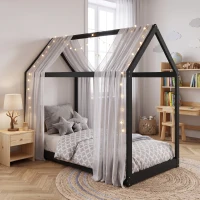 HOMCOM Single Bed Frame, House-Scandinavian-Style Wooden Bed Frame for 90W x 190D cm Mattress, Black(m-13)