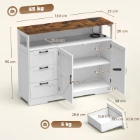 HOMCOM Sideboard Cabinet with Power Outlet, Farmhouse Kitchen Cabinet with 3 Drawers and Open Shelf, White(m-3)
