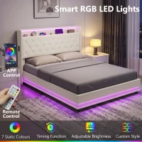 HOMCOM 5ft King Bed Frame with Headboard, Platform Bed Frame with Hydraulic Storage, LED Lights and Charging Station, White(m-5)