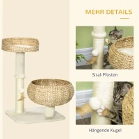 PawHut Kratzbaum, zwei Katzenbetten mit waschbaren Kissen, zwei Kratzstämme, Spielball, beige+cremeweiß, 48 x 48 x 72cm(m-5)