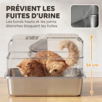 PawHut Bac à Litière pour Chat en Acier Inox. 2 en 1 Couvercle Pelle Filtres Sacs Désodorisants Grande Taille 48x38x34cm Gris(m-7)