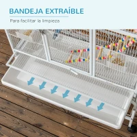PawHut Jaula para Pájaros con Ruedas con Comederos Perchas Columpio Estante y Bandeja Extraíble 83x53x180 cm Blanco(m-6)
