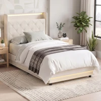HOMCOM 3ft Single Bed Frame with Headboard, Platform Bed Frame with Hydraulic Storage, LED Lights and Charging Station, White(m-8)