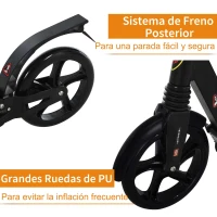 HOMCOM Patinete Plegable Scooter con Manillar Altura Ajustable Patinete Ligero para Adultos y Niños (más de 14 años) Tipo Monopatín con Freno Grandes Ruedas Ø200 mm Aluminio Carga 100kg(m-5)