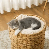 PawHut Krabton, 50 cm, 2 Grotten, Kussen, Krabpaal met Kattenbed, Kattentoren van Waterhyacint, Lichtbruin(m-7)