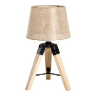 HOMCOM Lámpara de Mesa Moderna y Original con Base Trípode de Madera y Pantalla de Tela Lino 24x24x45cm E27 Máx. 40W Crema(m-10)