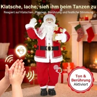 HOMCOM Lebensgroßer singender Weihnachtsmann 150 cm, animierte Musikfigur mit drehendem Kopf, winkender Hand und Geschenk(m-5)