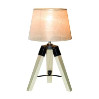 HOMCOM Lámpara de Mesa Moderna y Original con Base Trípode de Madera y Pantalla de Tela Lino 24x24x45cm E27 Máx. 40W Crema(m-11)