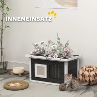 PawHut houten kattenhuis waterdicht met opklapbaar bitumendak, uitneembare krabmat, verhoogde bodem, kattenhol, kattenbox voor buiten in de tuin, 61x45x36,5 cm, grijs(m-6)