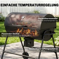 Outsunny Metalen Houtskoolbarbecue BBQ Smoker met Deksel Thermometer Wielen Grillwagen 95x71,5x102 cm Zwart(m-5)