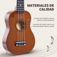 HOMCOM Ukelele Soprano para Principiantes con 4 Cuerdas de Nylon Ajustables Juguete educativo 53x17,5x6,2cm Marrón(m-4)