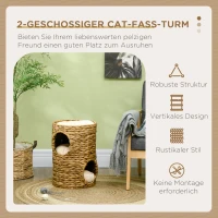 PawHut Kratztonne, 47 cm, 2 Höhlen, Kissen, Kratzbaum mit Katzenbett, Katzenturm aus Wasserhyazinthe, Hellbraun(m-4)