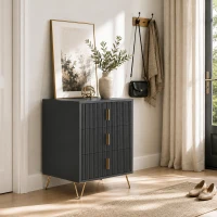 HOMCOM Modern 3-Drawer Dresser, Fluted Bedroom Dresser Chest of Drawers with Metal Legs and Steel Handles for Bedroom, Black(m-9)