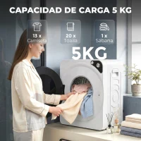 HOMCOM Secadora de Ropa Compacta  5 kg 1000W con 5 Modos de Secado Tambor de Acero Inoxidable Blanco(m-5)