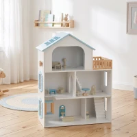 AIYAPLAY Casa de Muñecas de Madera de 3 Pisos con Ascensor y Balcón 5 Habitaciones y 13 Muebles para Niños de 3 a 6 Años Azul(m-8)