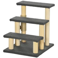 PawHut Katzentreppe, Kratzbaum, drei Stufen, Spielball, grau+holzfarben, 45 x 40 x 48cm(m-11)