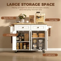 HOMCOM Kitchen Island on Wheels, Rolling Kitchen Storage Trolley with Rubber Wood Top, Drawers, Adjustable Shelves, Cream White(m-6)