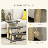 PawHut Katzentreppe, Kratzbaum, drei Stufen, Spielball, grau+holzfarben, 45 x 40 x 48cm(m-5)