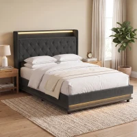 HOMCOM 4ft6 Double Bed Frame with Headboard, Platform Bed Frame with Hydraulic Storage, LED Lights and Charging Station, Black(m-8)