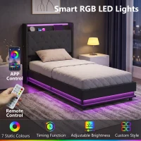 HOMCOM 3ft Single Bed Frame with Headboard, Platform Bed Frame with Hydraulic Storage, LED Lights and Charging Station, Black(m-5)