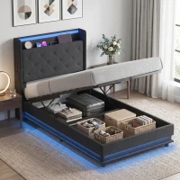 HOMCOM 3ft Single Bed Frame with Headboard, Platform Bed Frame with Hydraulic Storage, LED Lights and Charging Station, Black(m-14)