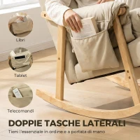 HOMCOM Sedia a Dondolo in Tessuto Imbottita, Seduta Profonda, Tasche Laterali, Gambe in Legno di Caucciù, Beige(m-7)