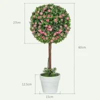 HOMCOM Set of 2 Decorative Artificial Plants, Ball Topiary Tree with Rose Flower in Pot, Fake Plants for Home Indoor Outdoor Decor, 60cm, Pink(m-3)
