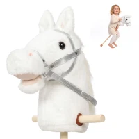 AIYAPLAY Hobby Horse with Wood Wheels, Stick Horse with Grip Handle, Hoofbeats Neighing, Gift for Imaginative Play, 95 cm, White(m-15)