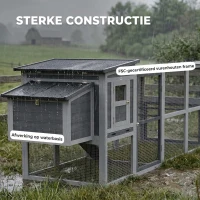 PawHut Kippenhok kippenverblijf voor 3-4 kippen met ren nestkast asfaltdak Oxford-afdekking uittrekbare lade 264x82x89cm grijs(m-7)