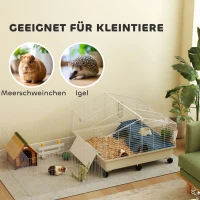 PawHut Kleine Huisdierenkooi, Balkon, Hellingbaan, Voerbak, Waterfles, Dubbellaags Ontwerp, Wit(m-7)