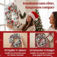 HOMCOM Couronne de Noël Lumineuse 60 cm Enneigée Floquée avec 50 LED, 15 Boules Décoratives, 140 Branches, 8 Modes, Vert(m-7)