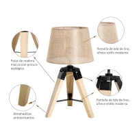 HOMCOM Lámpara de Mesa Moderna y Original con Base Trípode de Madera y Pantalla de Tela Lino 24x24x45cm E27 Máx. 40W Crema(m-5)