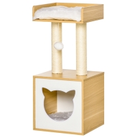 PawHut Árbol para Gatos de 2 Niveles con Cueva Cama Superior Postes Rascadores de Sisal Natural Cojines Lavables y Bola de Juguete 35x35x81 cm Roble y Blanco