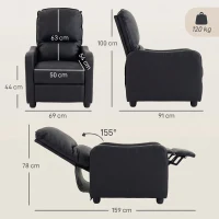HOMCOM Poltrona Relax Reclinável Manual 155° com Apoio para os Pés, em Pele PU, para Sala e Quarto, 69x91x100cm, Preto(m-3)