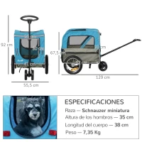 PawHut Remolque de Bicicleta para Perros 2 en 1 Carrito para Perros de Acero con Cinturón de Seguridad Mango de Empuje Extraíble Bandera y Reflectores 129x55,5x92 cm(m-3)