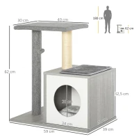 PawHut Árbol para Gatos 59x39x62 cm Rascador para Gatos de 3 Niveles con Plataformas Postes de Rascado Cueva de Madera Espaciosa Cojines Extraíbles Suaves Bola de Juguete Gris(m-3)