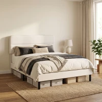 HOMCOM Rama łóżka 140 x 200 cm z regulowanym wezgłowiem, tapicerowane łóżko w wyglądzie lnu z 12 listwami ze sklejki, beżowy(m-8)