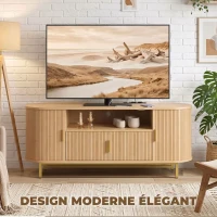 HOMCOM Meuble TV 140 cm avec 2 Prises et 2 Ports, Meuble Télé pour 84 Pouces, 2 Portes Battantes, 2 Portes Coulissantes, Chêne(m-7)