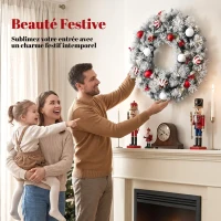 HOMCOM Couronne de Noël Lumineuse 60 cm Enneigée Floquée avec 50 LED, 15 Boules Décoratives, 140 Branches, 8 Modes, Vert(m-4)