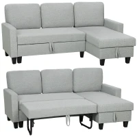 HOMCOM Canapea extensibilă cu 3 locuri, șezlong și spațiu de depozitare, material textil cu efect de in, 197x129x85 cm, gri și negru(m-11)