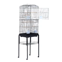 PawHut Jaula para Pájaros, Jaula Grande con Ruedas, Estante de Almacenaje, Puertas, 4 Comederos, 3 Perchas, Columpio, Bandeja Extraíble y Asa, para Loro, Canario, Periquito, 47,5x37x153 cm, Negro(m-11)