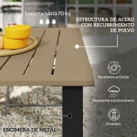 Outsunny Mesa de Jardín Rectangular de Acero 150x90x73 cm para 6 Personas con Orificio para Sombrilla Diseño con Lamas Marrón(m-7)