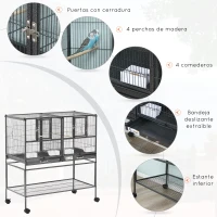 PawHut Jaula para Pájaros con Ruedas Pajarera Doble con 2 Bandejas Múltiples Puertas 4 Comederos 4 Perchas 95x45,5x102 cm Gris(m-4)