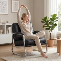 HOMCOM Sessel Loungesessel mit breiter Sitz, Armlehnen, Stahlbeinen, aus Kunstleder für Wohnzimmer, Schlafzimmer, Schwarz(m-8)
