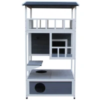 PawHut Caseta para Gatos de Madera 75,5x75x137 cm con Techo Asfáltico Plataformas para Interior y Exterior Gris(m-8)