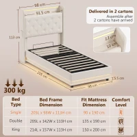 HOMCOM 3ft Single Bed Frame with Headboard, Platform Bed Frame with Hydraulic Storage, LED Lights and Charging Station, White(m-3)