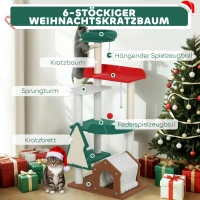 PawHut 135 cm Katzenkratzbaum in Weihnachtsfarben mit Katzenbett, Katzenhaus, Kratzpfosten, Sprungplattformen, Spielzeugbällen(m-4)